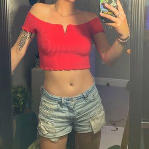 red off the shoulder knit crop top